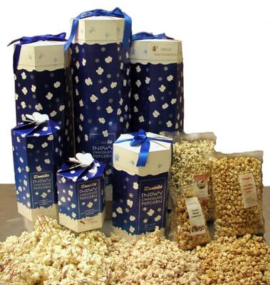 Variety of popcorns - snowy chocolate popcorn, kettle corn and caramel corn