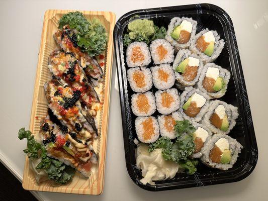 Takeout- (left) Sushi sandwich roll and (right) salmon maki and salmon cream cheese roll