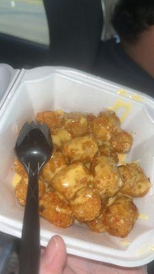 Cheese tots with their cheese sauce!