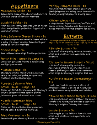 Newest menu - Apps and Burgers