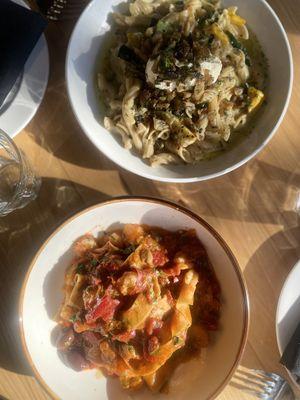 Summer Squash & Ricotta (top) Florida Pink Shrimp Puttanesca (bottom)