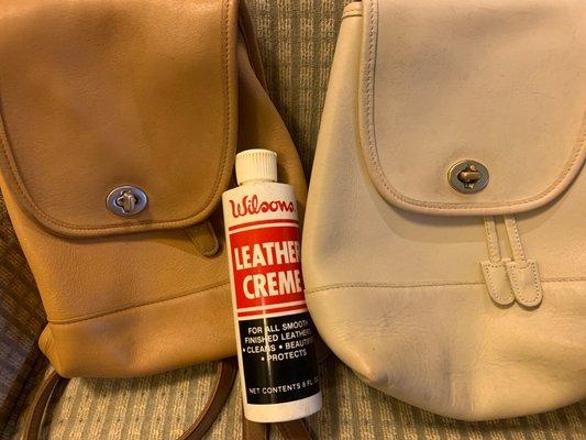 2/2: Taken after I wiped (damp microfiber) & applied old leather creme. Yellow spot on the lighter bag (L of buckle) is gone.