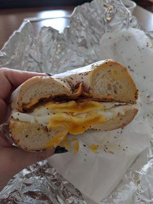 Bacon, egg & cheese on an everything bagel. Eggs over medium!