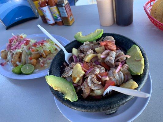 Aguachile de camarón and three shrimp tacos.