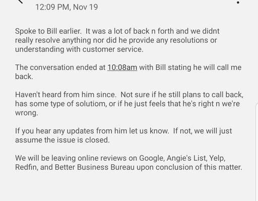Text message looking for a response.  No response was made until a day after we left our original review.