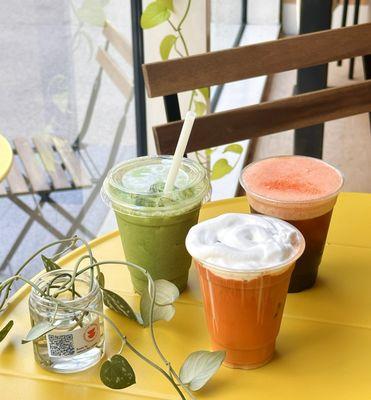 Thai tea cloud (front), matcha latte (left), guava pillow (right)