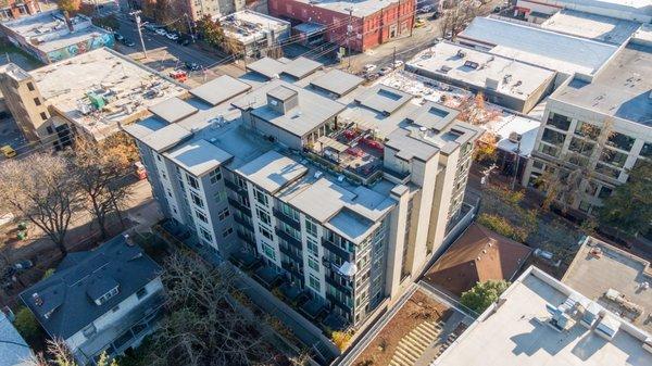 Aerial view of apartment community.