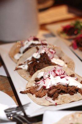 Barbacoa Tacos ($18) - braised beef, crema Mexicana, sliced radish, cilantro