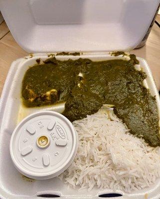 Palak paneer comes with white rice and side of lentils, nice hearty chunks of Indian cheese cubes