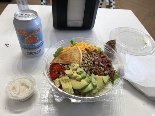 Classic salad with added avocado and bacon, peanut butter ball, and an amazing IPA.