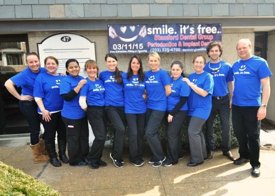 This is part of the team at Stamford Dental Group, hygienists and doctors.We held a day where we gave out free dental care to the community.