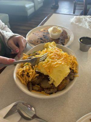 Breakfast skillet with chocolate chip pancake instead of toast