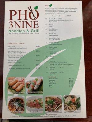 Updated menu and correct pricing for Pho