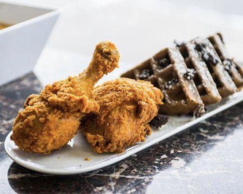 Fried chicken with our chocolate waffle