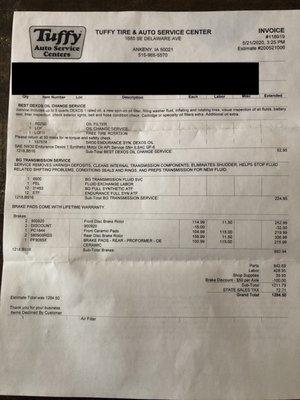 Tuffy Auto Service Invoice.