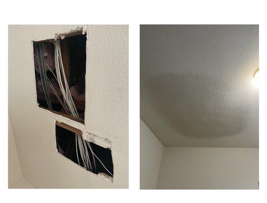 Ceiling drywall repair; before and after.