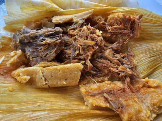 Beef tamale; one of my favorite!  Moist masa and great filling.