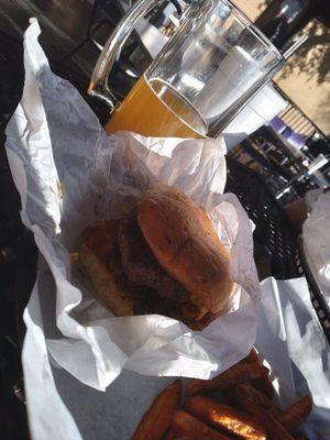 Bucket burger sweet potato fries and blue moon