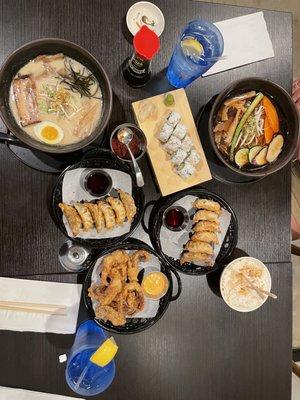 Tonkotsu Ramen, Veggie Ramen, Gyoza, Ika Karaage, and California Roll.