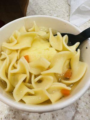 Matzo ball soup. Noodles good. Matzo ball tastes like soft polenta.