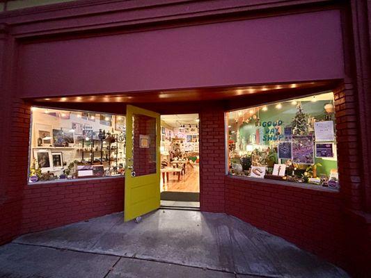 The Good Day Shop storefront at dusk during our second season in business