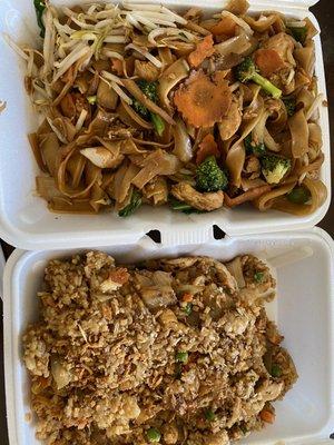 Chicken drunken noodles and garlic chicken fried rice