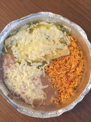 Two green enchiladas with rice and beans. Ordered togo.