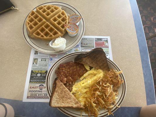 Corn beef hash special and crispy hash brown + belgian waffle