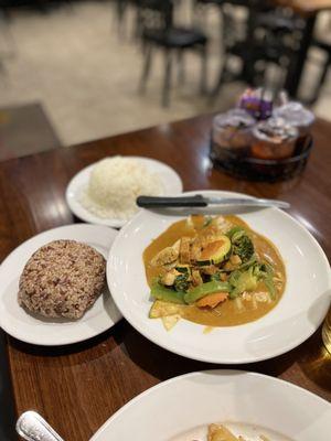 Panang Curry with Tofu and all the Veggies , brown and Jasmine rice