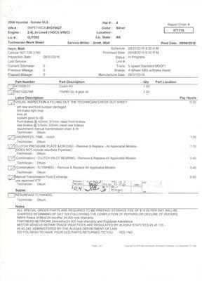 Technician's work sheet