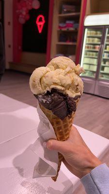 Brownie batter and cookie dough in a waffle cone!