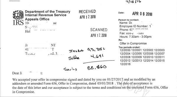 Owed the IRS $93,351.00 IRS Settlement for $4,691.00 Savings $88,860.00