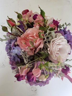 romantic garden roses, purple hyrdrangea and fuchsia flowers