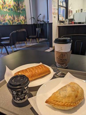 Egg & chorizo empanada, cream cheese danish, espresso, coffee