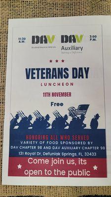 Nov 11 2024, 1130 to 1500 Veterans Day lunch. Open to the public.