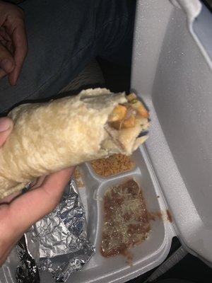 THIS IS A CALIBURRITO ALL TORTILLA AND ONIONS. TWO SPOON FULLS OF RICE & BEANS. THEY DONT DO REFUNDS OR RE MAKE THE FOOD.