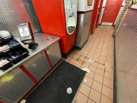 Filthy.  Carful where you step.  Coke syrup everywhere.  No sign for slip hazard.