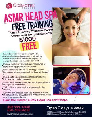 Get ASMR HEAD SPA Training at Cosmotek College for FREE. No more rejection due to low funds.
#beautyschool #asmr #headspa