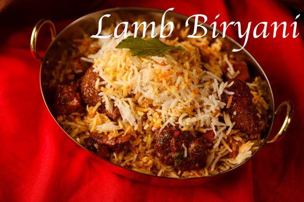 A mixture of variety of spices, lamb, onions, ginger garlic and yogurt cooked with rice and flavored with saffron and rose