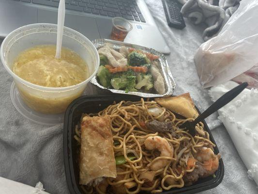 House lo mein, chicken broccoli, crab ragoons, eggroll, and egg drop soup with hot oil