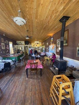 The restaurant, cozy wood stove, and diner counter.