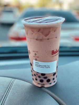 Strawberry Milk Tea with Blueberry Popping Boba and Boba