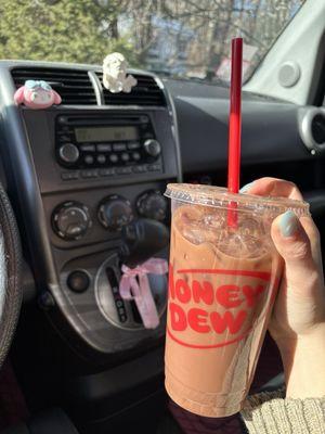 Iced mocha latte with hazelnut cinnamon syrup & oatmilk