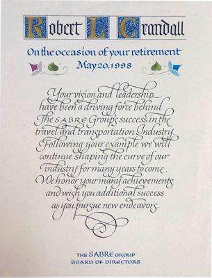 Custom calligraphy for Certificate honoring Executive's retirement