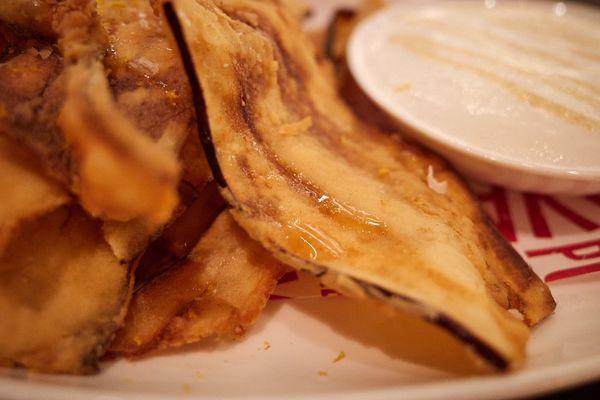 Fried eggplant with yogurt espuma and local honey