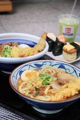 Nikutama Udon and Tonkotsu Udon onigiris and Matcha Green Tea Latte @foodforfoodbabies