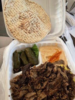 Beef Shawarma plate with hummus and dolma