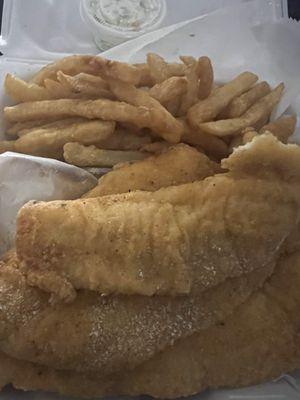 3 pc flounder with fries and slaw