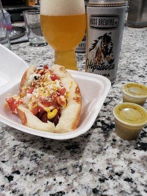 Local beer (Walmart purchase) with my Sonora Hot Dog.