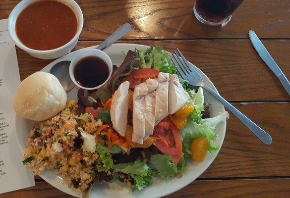 Asian Salad with Grilled Chicken.  Side of Delicious Tomato Soup and Quinoa Corn Salad